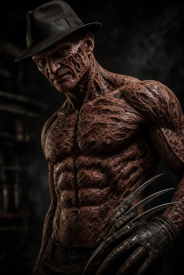 Muscular burned man in a fedora with a bladed glove