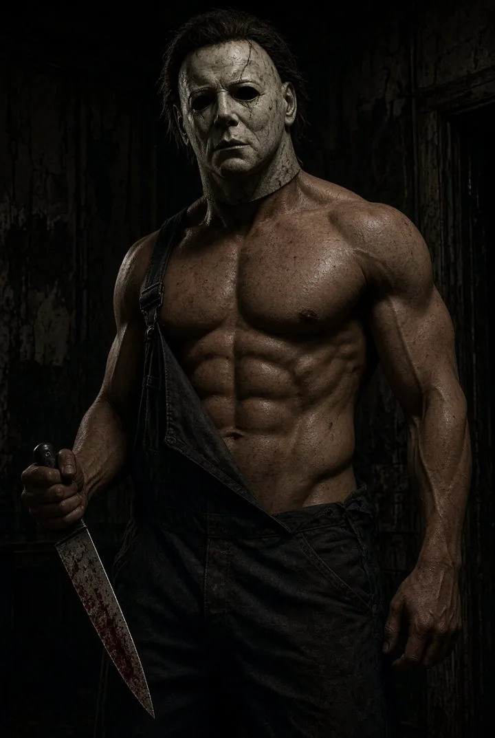 Shirtless masked man in overalls holding a knife